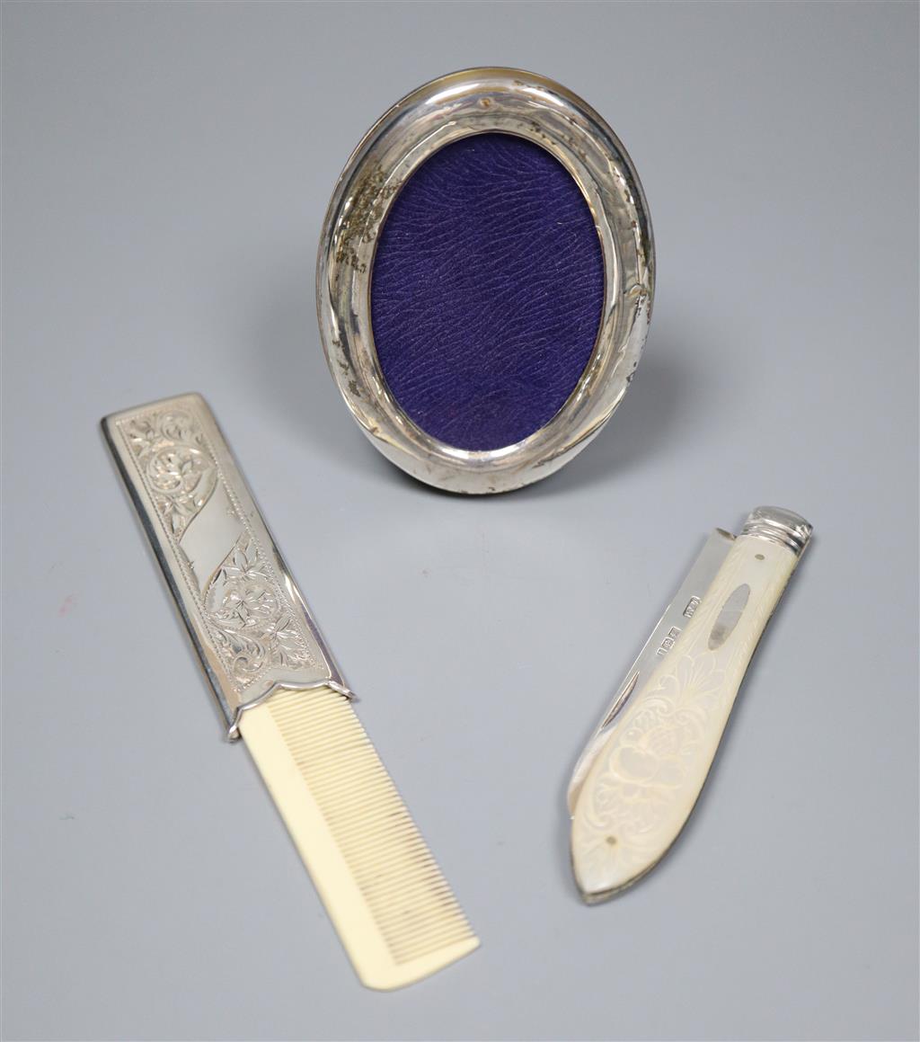 A silver-bladed and mother of pearl fruit knife and two other items,